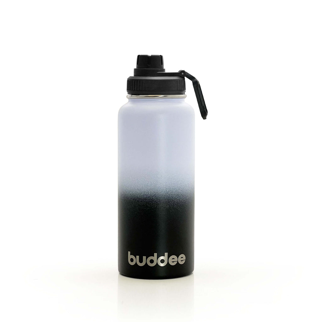Buddee Bottle 960ml Stainless Steel, insulated, double-walled bottle wide mouth with spout lid (Pure white or Black fade)
