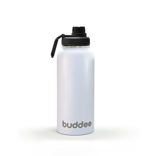 Buddee Bottle 960ml Stainless Steel, insulated, double-walled bottle wide mouth with spout lid (Pure white or Black fade)