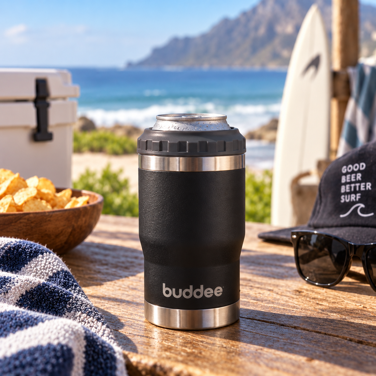 Buddee 415ml Single Beer Cooler – Stainless Steel, double-walled and insulated