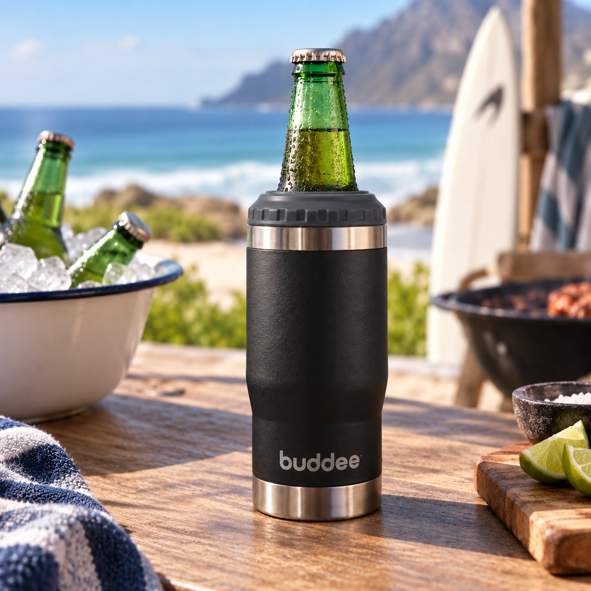 Buddee 415ml Single Beer Cooler – Stainless Steel, double-walled and insulated